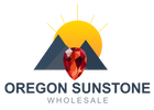 Logo of Oregon Sunstone Wholesale with a red gemstone and sun in the background.